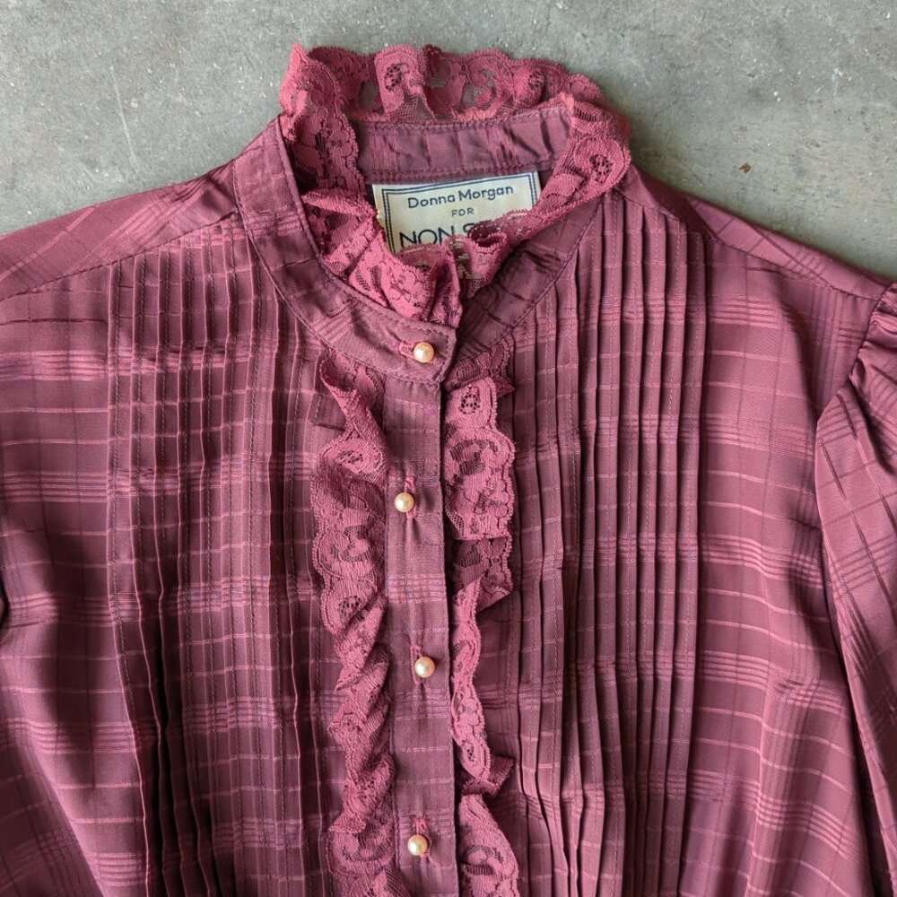 Vintage Union Made Purple Ruffle Long Sleeve Fit and Flare Tie Waist Shirt Dress - Picture 3 of 11